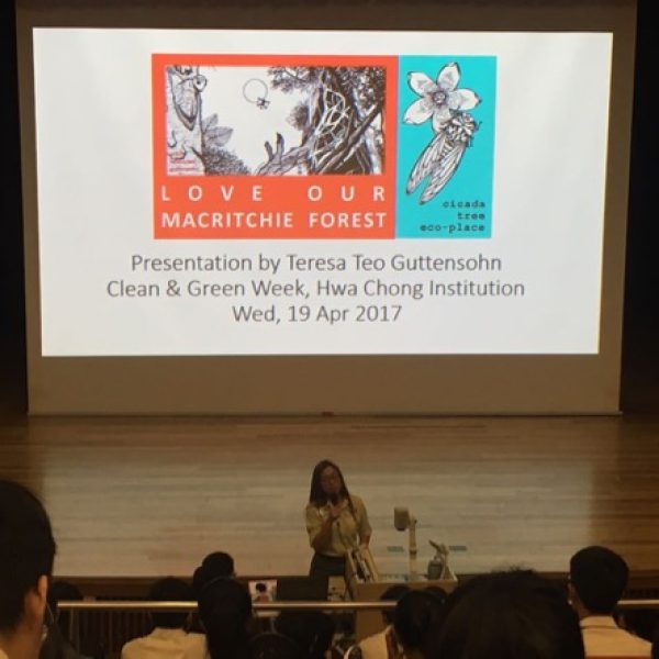19 Apr 2017 – Ms Teresa Teo Guttensohn from Cicada Tree Eco-Place addressing close to 900 JC2 students in Hwa Chong Institution (College) on nature conservation.
